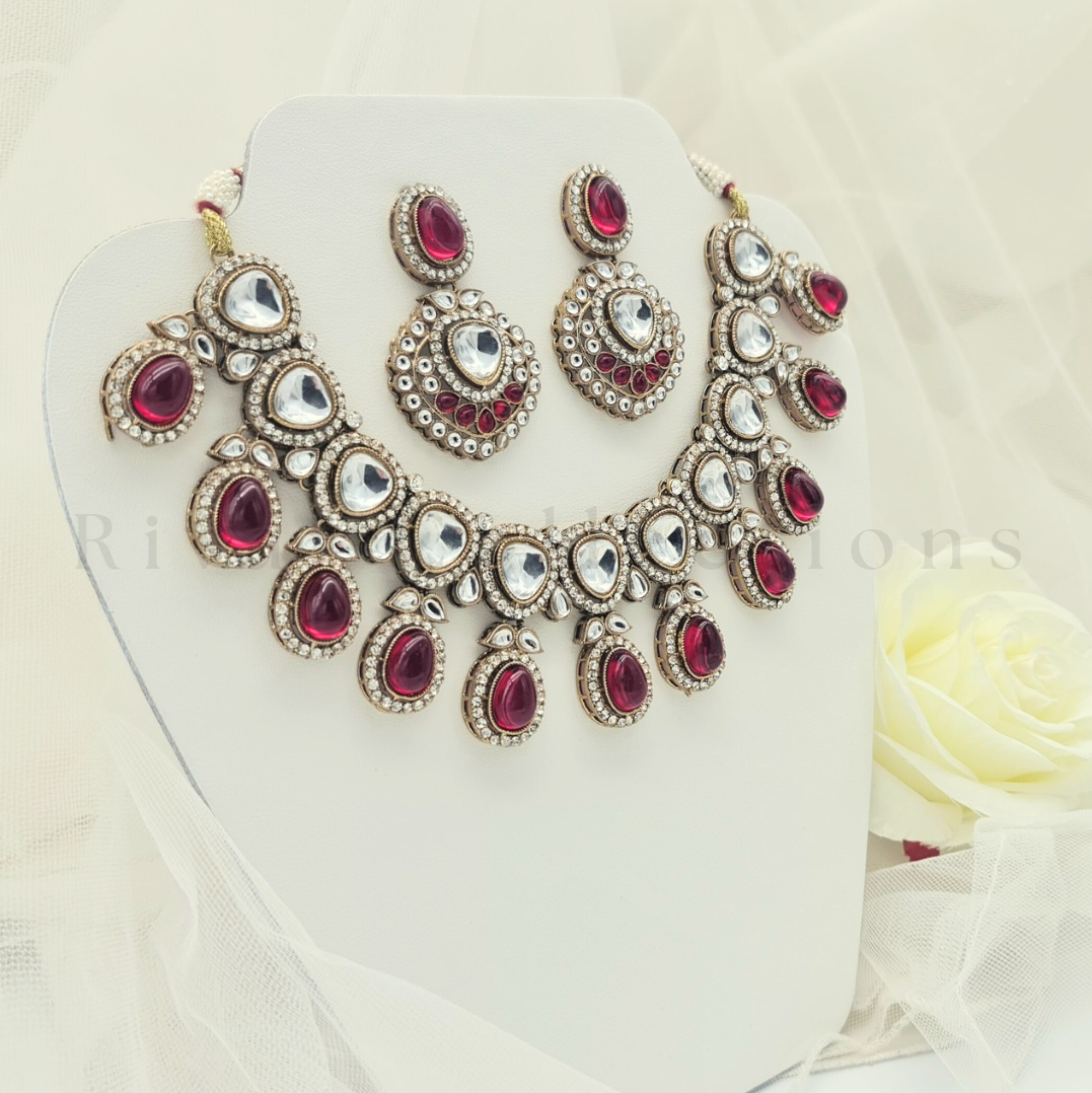 Red Rose Luxury Diamante Faux Kundan Choker Set