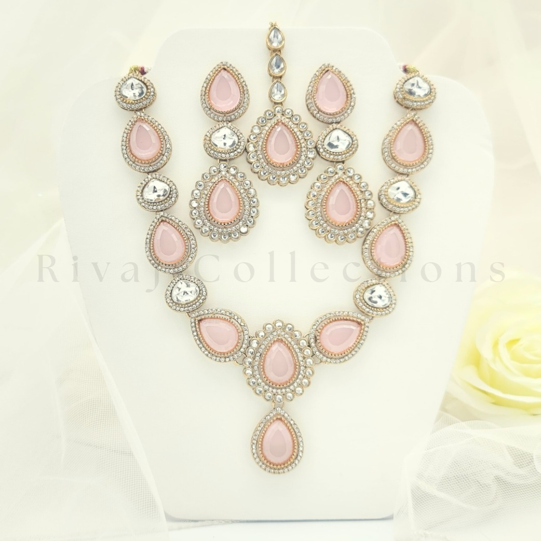 Baby Pink Luxury Diamante Faux Kundan Long Necklace Set