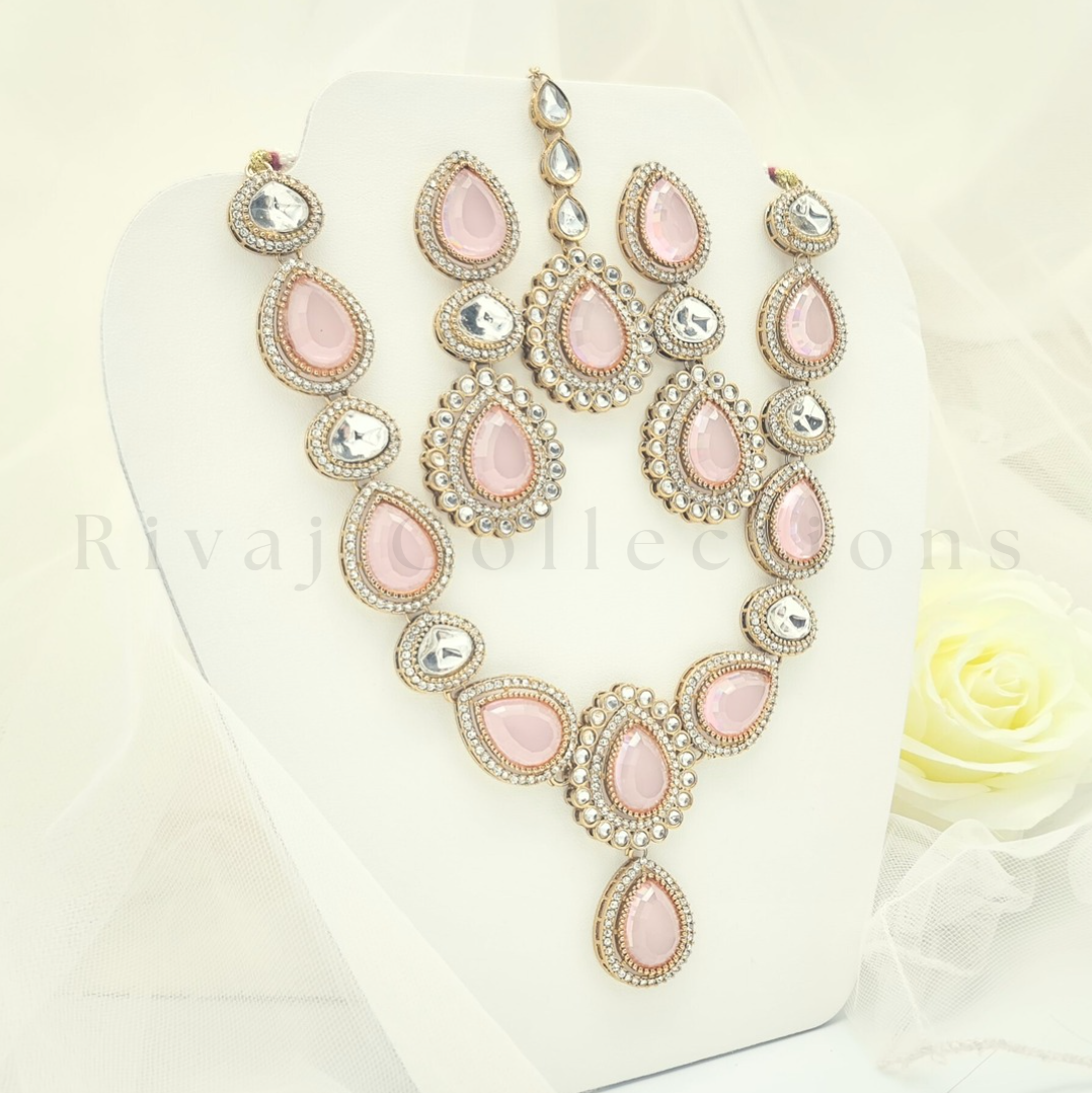 Baby Pink Luxury Diamante Faux Kundan Long Necklace Set