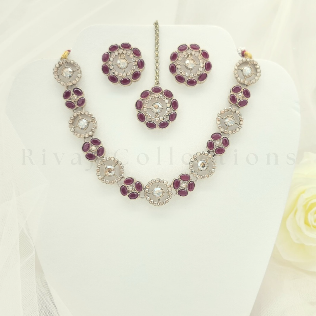 Floral Maroon Gold Diamante Faux Kundan Choker Set