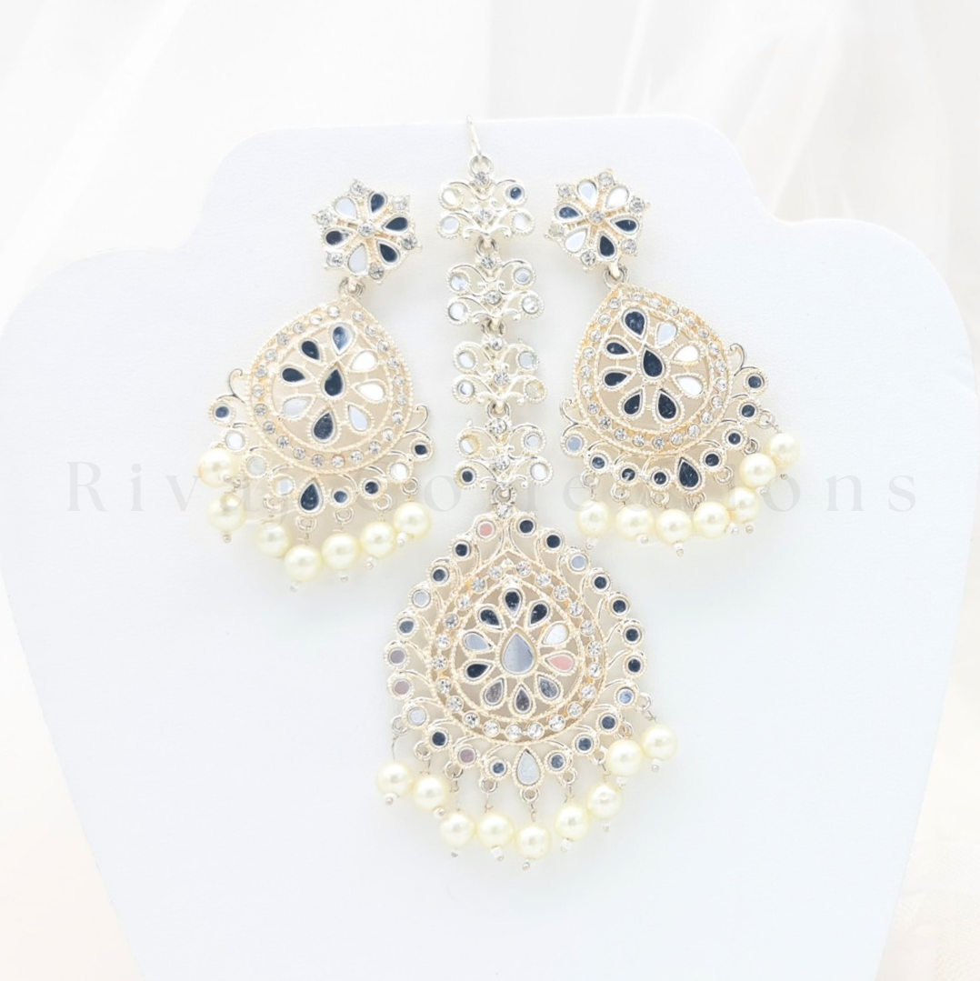 Imitated White Gold Mirror Work Earring Tikka Set