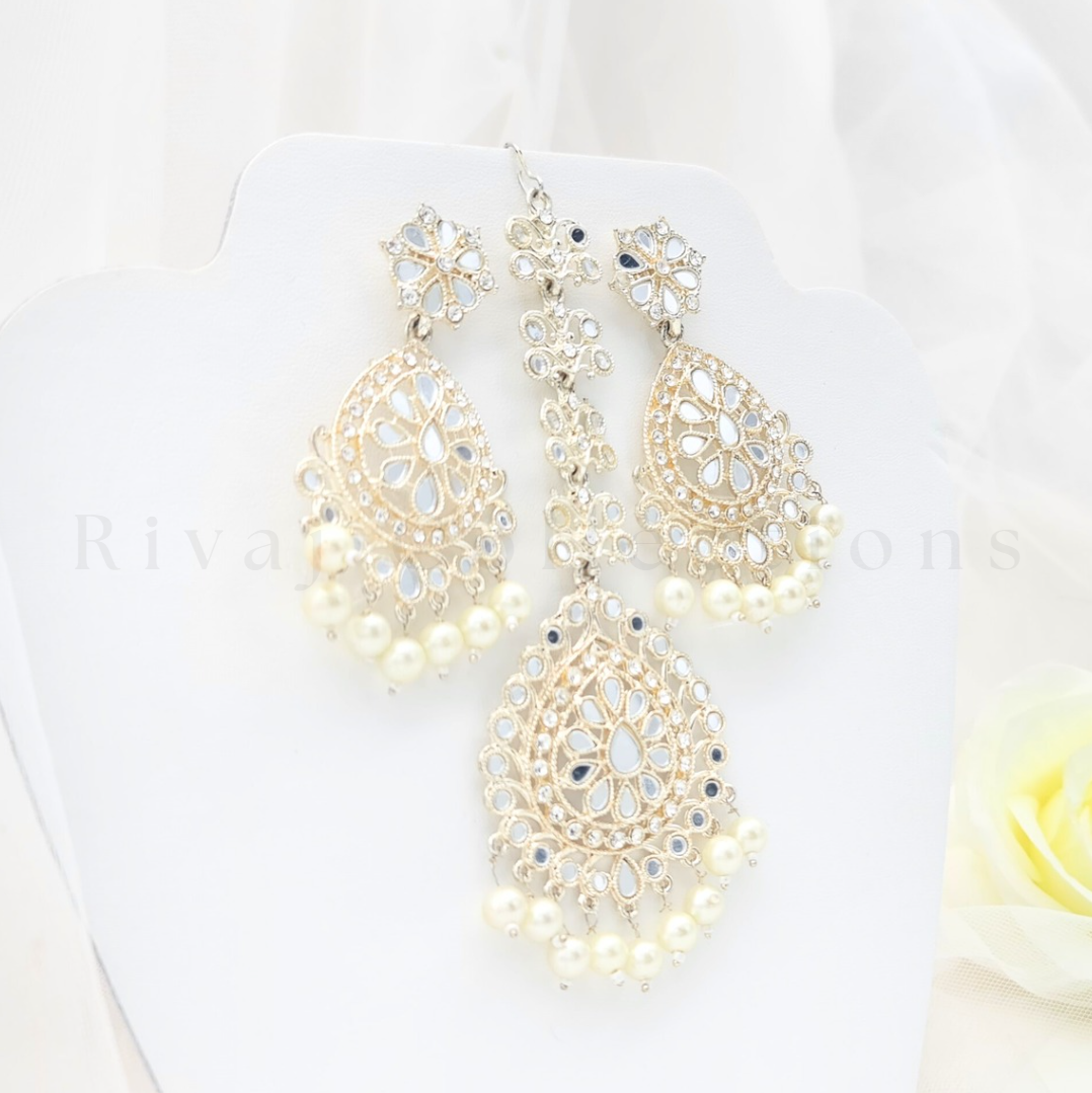 Imitated White Gold Mirror Work Earring Tikka Set
