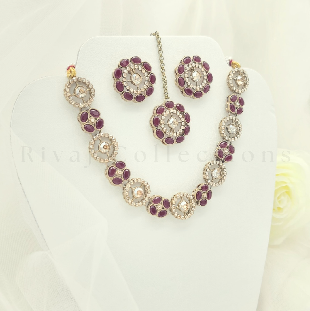 Floral Maroon Gold Diamante Faux Kundan Choker Set