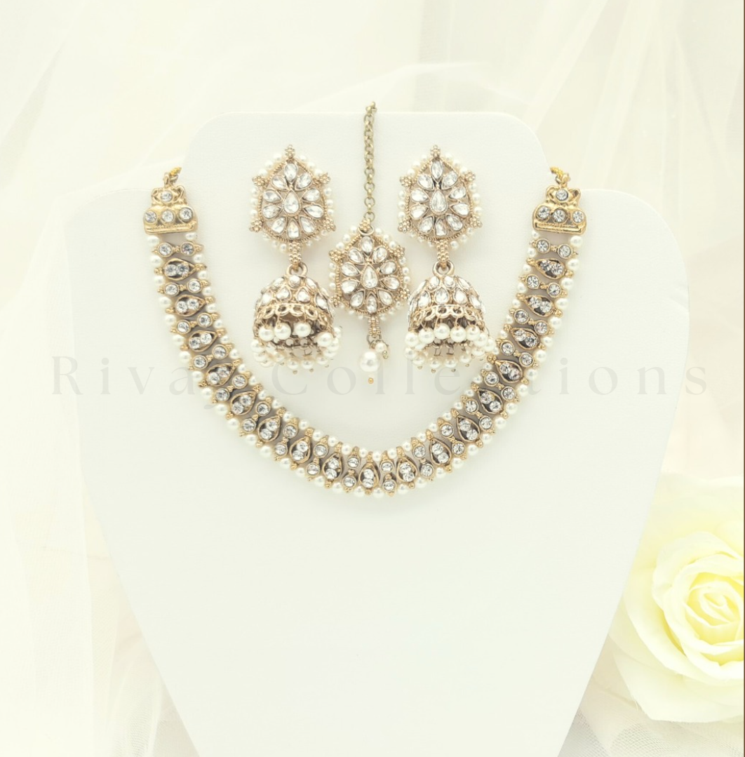 Pearl Detail Gold Luxury Diamante Faux Kundan Choker Set