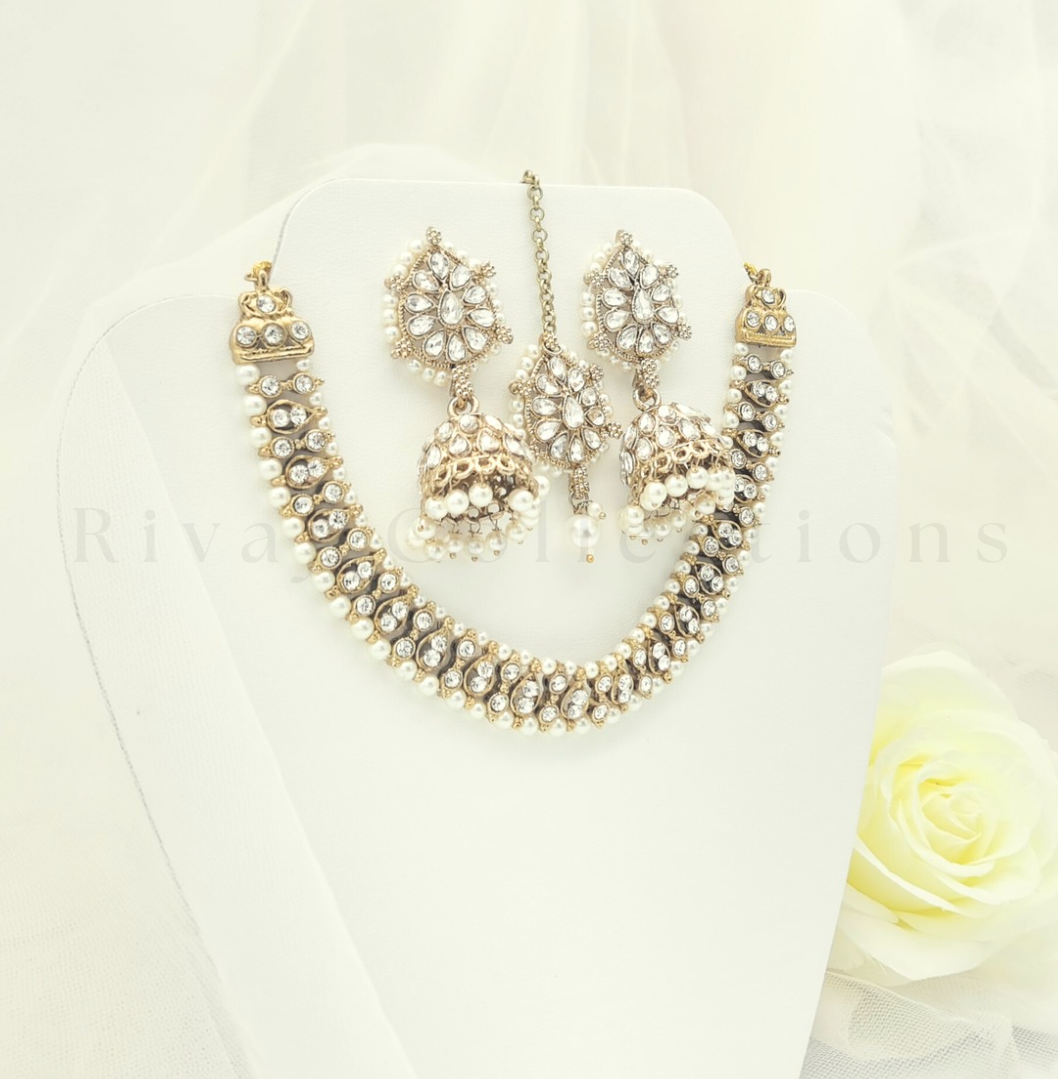Pearl Detail Gold Luxury Diamante Faux Kundan Choker Set